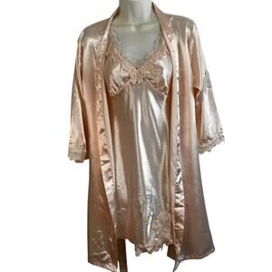 Two piece silky satin lace set, petal pink peach, chemise & robe size S